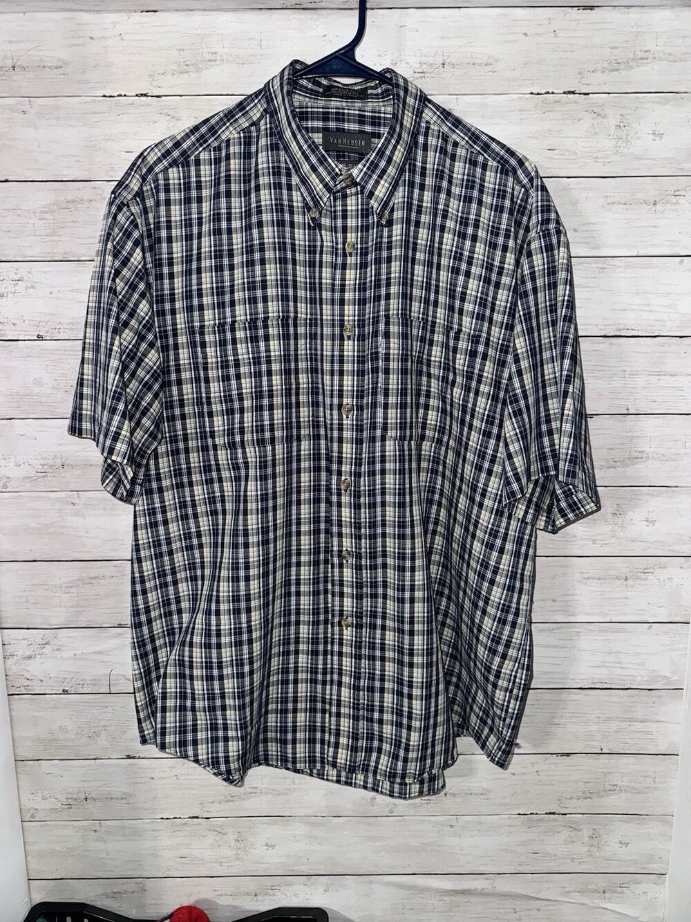 Vanheusen Men’s Plaid Button Down Short Sleeve Shirt Size Large Blue White EUC L